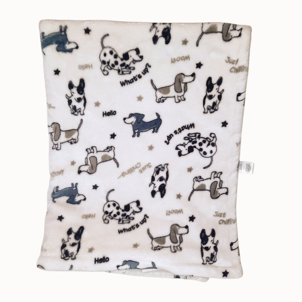 Tahari Puppy Dog Woof Hello Just Chilling What's Up? Security Blanket 31" X 37"